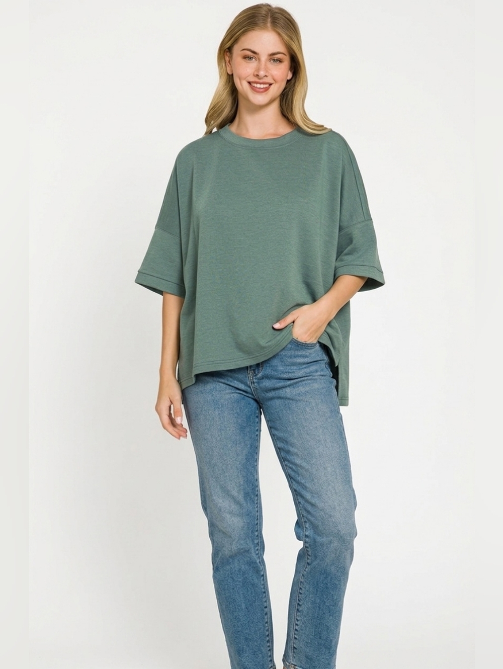 Zenana Full Size Scuba Round Neck Top With Side Slits Plus Size - Picture 3 of 5